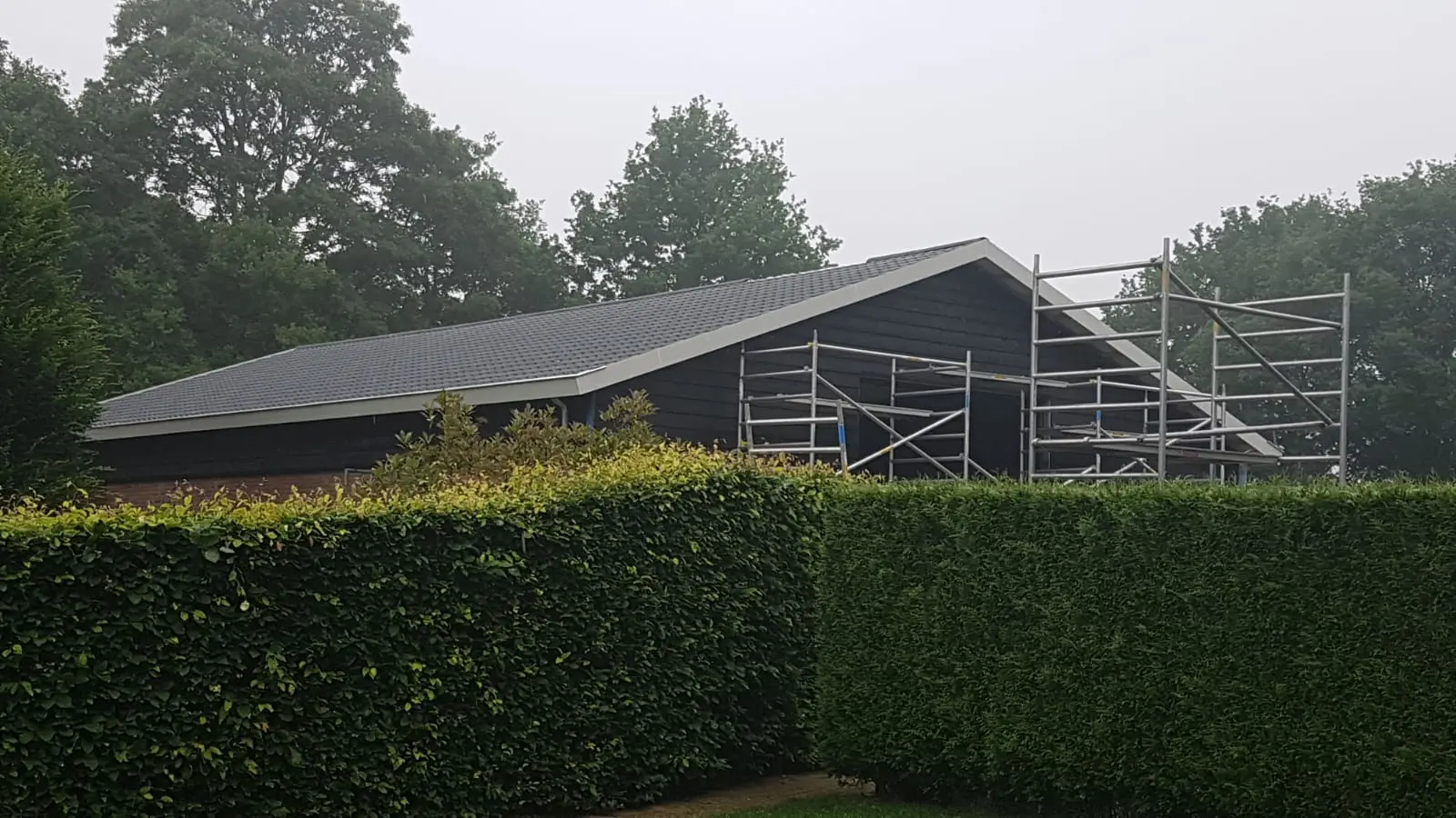 Een schuur achter een haag krijgt een nieuw dak van sandwichpanelen